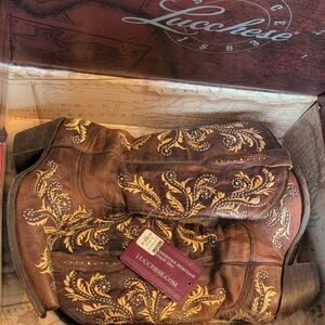 Lucchese Embroidered Leather Boots in Brown and Gold